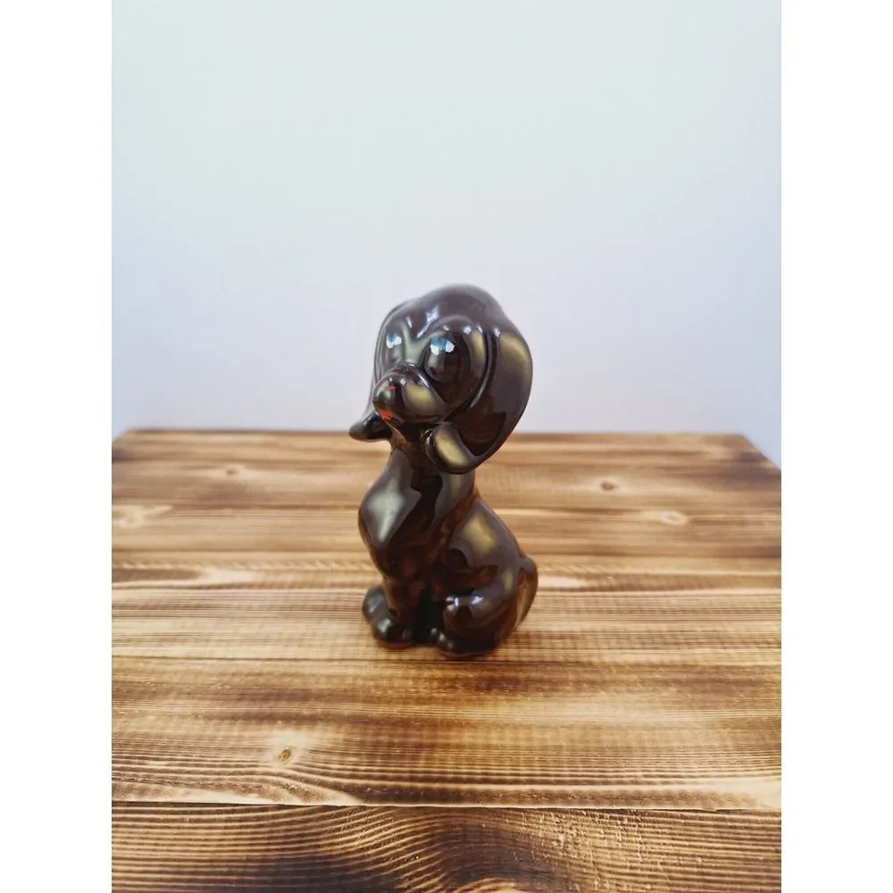 Vintage Dog Figurine Brown Glazed With Big Eyes 5